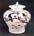 Pot with blue painted pattern of plum blossom, birds and bamboo (National Treasure No. 170)