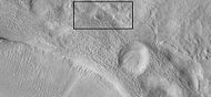Crater with ejecta, as seen by HiRISE under HiWish program. The box shows area enlarged in next image.
