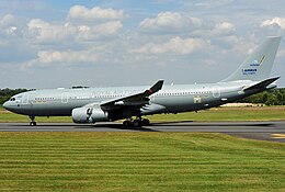 Early AirTanker Royal Air Force Voyager landing at RAF Fairford in 2011, still displaying its Airbus Military registration MRTT016. Subsequently registered G-VYGE, currently registered ZZ334.