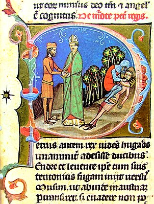 Chronicon Pictum, Hungarian, Hungary, King Peter Orseolo, King Andrew, crown, priest, bishop, blinding, medieval, chronicle, book, illumination, illustration, history