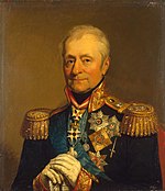 Portrait of Bennigsen in full military uniform with both hands resting on the hilt of his sword