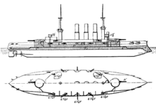 Side and top views of a large ship with a large gun turret on either end and an array of smaller guns along its side. Three tall smoke stacks stand in the center of the vessel, between two heavy masts.
