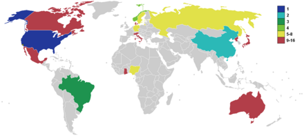 A world map showing countries who participated in the Women's World Cup, colored based on their placement in the tournament