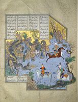 Faridun in the guise of a dragon test his sons, from the Shahnameh of Shah Tahmasp, attributed to Aqa Mirak (c. 1525–35)