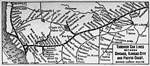 1900-1905 Atchison, Topeka & Santa Fe Railway route map of regular stops.