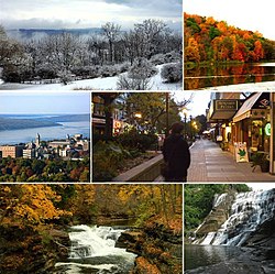 Clockwise from top left: Ithaca during winter, Ithaca during autumn, Ithaca Commons (downtown), Ithaca Falls, Hemlock Gorge, Cornell University