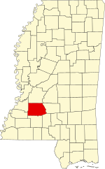 Map of Mississippi highlighting Copiah County
