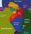 Zand dynasty (1751–1794 AD), Afsharid Iran (1736–1796 AD) and Durrani Empire (1747–1823 AD) in 1775 AD.