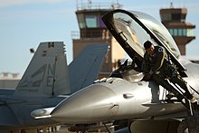 A 157th Fighter Squadron F-16 Fighting Falcon prepares for a mission, November 2014.