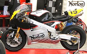 Michael Dunlop's updated Norton NRV588 rotary racer with Spondon frame and single, side-mounted rear suspension unit developed for the Norton company owner Stuart Garner, seen at the 2009 TT races[11]