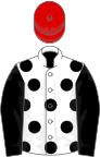 White, black spots and sleeves, red cap