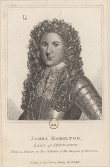 Engraving of a half-length portrait of James Hamilton Earl of Abercorn, showing a clean- shaven man wearing a long curly wig and armour