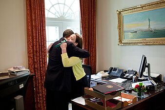 President Barack Obama bids farewell to Personal Secretary Katie Johnson on her last day at the White House, June 10, 2011