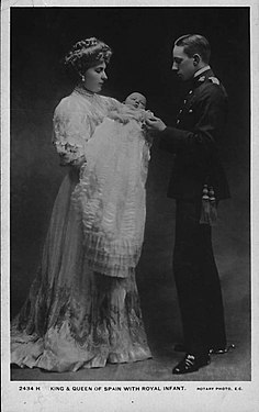 Queen Victoria Eugenie and King Alfonso XIII with newly-born Alfonso, 1908.