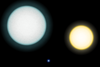 The relative dimensions of IK Pegasi A (left), B (lower center) and the Sun (right)
