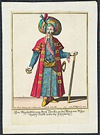 A turbaned eastern dignitary holding a stick and wearing oriental garments