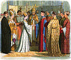 Catherine of Valois, meeting Henry V of England, shown in a 19th-century woodcut, printed by Edmund Evans