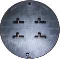 Front side of a four family die. For reference, the die is 228 mm (9.0 in) in diameter.