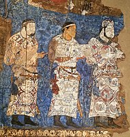 Ambassadors from Chaganian (central figure, inscription of the neck), and Chach (modern Tashkent) to king Varkhuman of Samarkand. Circa 655 CE, Afrasiyab murals, Samarkand.[10][11]