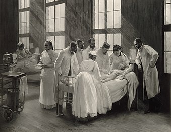 An injection against croup at the Hôpital Trousseau [fr] in Paris, with Roux observing, by P.A.A. Brouillet in 1893