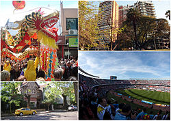 Clockwise from top: Chinese New Year celebrations in Chinatown, Barrancas de Belgrano, a typical residential street in Belgrano R and River Plate Stadium.