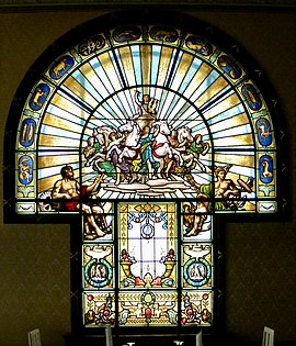 Spectacular stained glass window with an Ancient Greek mythological theme in the Assan House, Bucharest, by Ion D. Berindey, 1914[53]