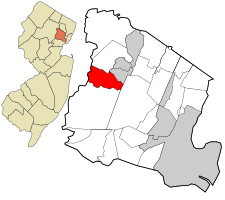 Location of Roseland in Essex County highlighted in red (right). Inset map: Location of Essex County in New Jersey highlighted in orange (left).