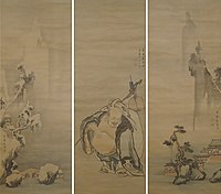 Hotei With Summer and Winter Landscapes. Triptych by Igarashi Shunmei (1768), Edo period.