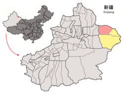 Location of Barköl County (red) within Hami City (yellow) and Xinjiang