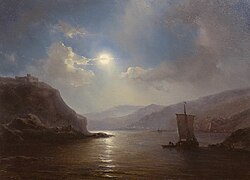 Louis Meijer A moonlit river landscape with a sailing ship [6]