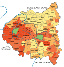 Farbig markierte Grafik der Départements Paris, Hauts-de-Seine, Val-de-Marne und Seine-Saint-Denis. Der höchste Haushaltswert liegt im Westen und im Zentrum von Paris sowie südwestlich und östlich von Paris.