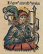 a manuscript miniature with the bust of an armoured man holding a standard in one hand and a sceptre in the other