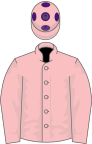 Pink, purple sleeves wth pink spots, pink cap, purple spots
