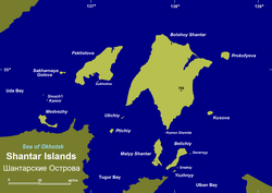 Map of the Shantar Islands. Maly Shantar is the small, elongated island just south of Bolshoy Shantar (on the left)