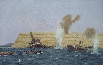 The Base Camp, Cape Helles, Under Shell Fire, August 1915- the SS River Clyde is seen aground.