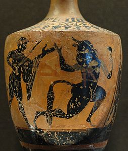 Theseus and the Minotaur. Attic black-figure lekythos, 500–475 BC. From Crimea.