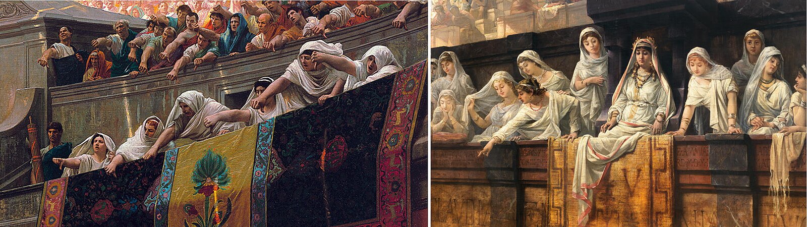 Two starkly different views by two French Academic painters of the Vestals in their front-rows seats at the Roman Colosseum: Pollice Verso (Thumbs Down), 1874, by Jean-Léon Gérôme (detail; Phoenix Art Museum), and the Vestals in a painting by Hector Leroux, c. 1890 (private collection).