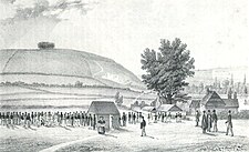 Engraving of St. Catherine's Hill as a bare hill in 1838, with a Winchester College football match, by then played in the Itchen valley rather than on the hilltop[7]