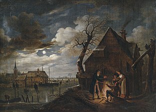 Dutch landscape in moonlight with figures