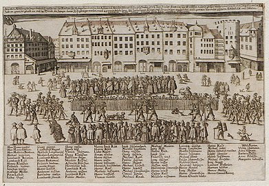1658: die Knechte des Metzgerhandwerks tragen eine 658 Ellen (432 m) lange Bratwurst umher