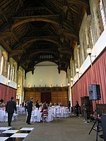 A false hammerbeam roof in the Great Hall of Eltham Palace, England.