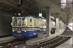 Cream-and-blue train at underground platform