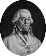 Black and white print of an unsmiling man with white hair over his ears. He wears a white military uniform with an Order of Maria Theresa pinned on his coat.