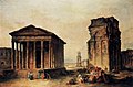 Ölgemälde von einem linken Tempel mit Säulenvorhof und einer rechten Säulenfassade, die als Ruinen dargestellt sind. Im Vordergrund sitzen Menschen auf Steinblöcken und im Hintergrund sind ein Amphitheater, ein Aquädukt und ein Turm zu sehen.