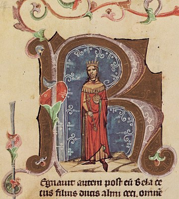 Chronicon Pictum, Hungarian, Hungary, King Béla II, Béla the Blind, king, crown, orb, scepter, royal ornament, medieval, chronicle, book, illumination, illustration, history