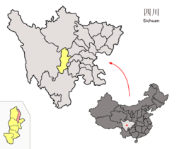 Location of Lushan County (red) and Ya'an City (yellow) within Sichuan