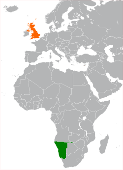 Map indicating locations of Namibia and United Kingdom
