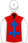 Red, royal blue cross of lorraine, white sleeves and cap