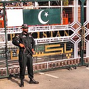 Pakistani Ranger standing guard at the Wagah border crossing.