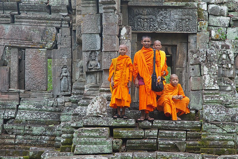 A group of monks at Preah Pithu T, Angkor, Siem Reap, Cambodia